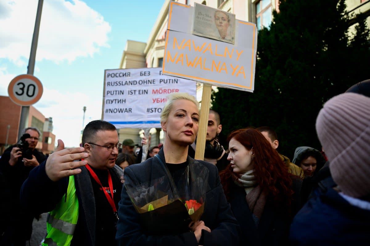 Yulia Navalnaya, widow of the late Kremlin opposition leader Alexei Navalny, attends a rally next to the Russian embassy in Berlin (AFP via Getty Images)
