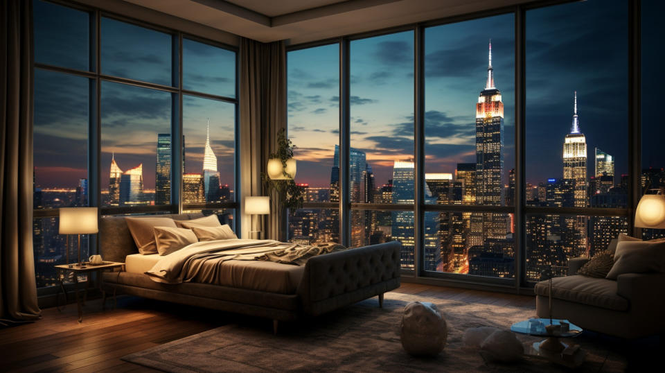 A luxurious hotel suite overlooking a bustling city skyline.