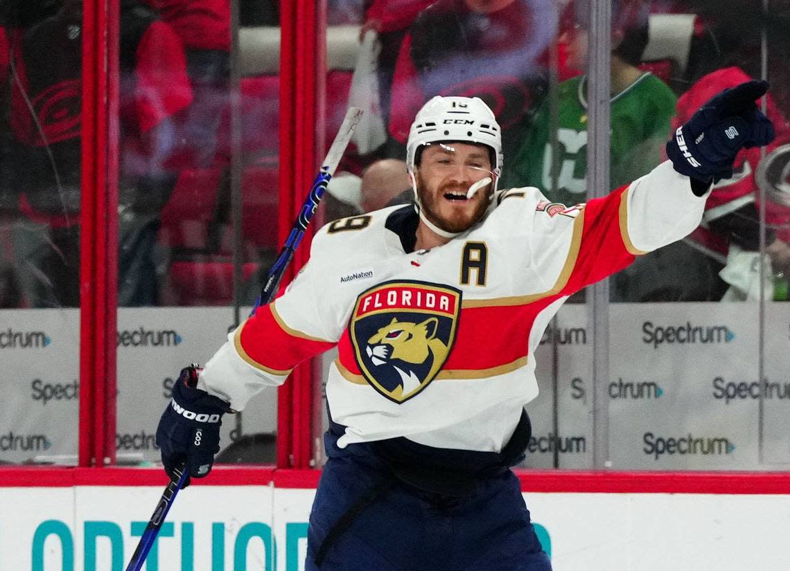 May 18, 2023; Raleigh, North Carolina, USA; Florida Panthers left wing Matthew Tkachuk (19) reacts after scoring the game winning goal against the Carolina Hurricanes during the fourth overtime period of game one in the Eastern Conference Finals of the 2023 Stanley Cup Playoffs at PNC Arena. Mandatory Credit: James Guillory-USA TODAY Sports