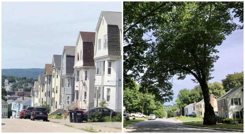 Two photos of different neighborhoods in Worcester show the juxtaposition of tree coverage. The neighborhood on the left, because of its impervious surfaces and few trees, gets hotter than the one on the right.