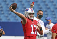 Buffalo Bills quarterback Josh Allen throws a pass during pregame warmups on the ninth day of NFL football training camp at Bills Stadium in Orchard Park, N.Y., Thursday, Aug. 27, 2020. (James P. McCoy/Buffalo News via AP, Pool)