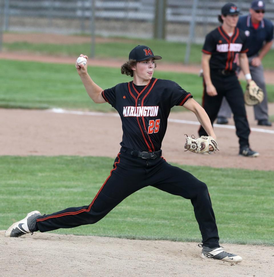 Tommy Skelding of Marlington delivers a pitch during their Division II district semifinal game against Canfield at Cene Park on Monday, May 24, 2021.