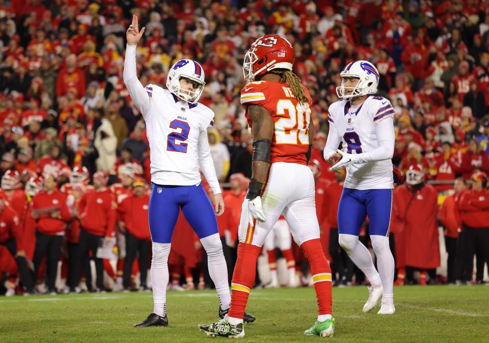 KANSAS CITY, MISSOURI - DECEMBER 10: Tyler Bass #2 of the Buffalo Bills reacts after kicking a field goal during the second half of the game against the Kansas City Chiefs at GEHA Field at Arrowhead Stadium on December 10, 2023 in Kansas City, Missouri. (Photo by Jamie Squire/Getty Images)