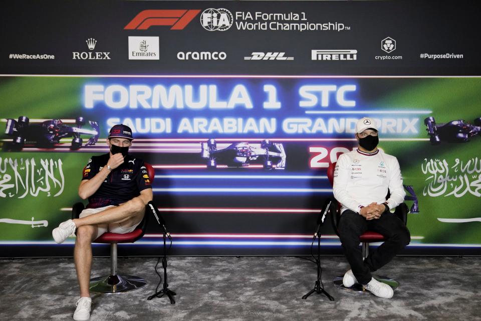 Max Verstappen and Valtteri Bottas speak to the media ahead of the Saudi Arabian Grand Prix (EPA)