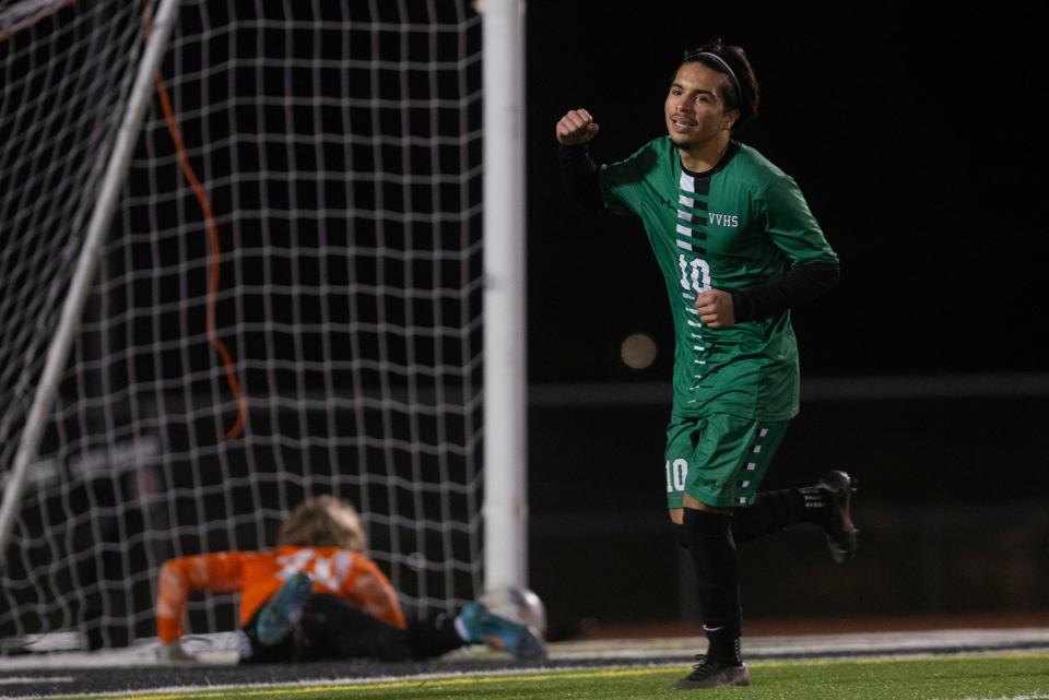 Victor Valley's Josiah Paez celebrates after scoring a penalty kick to seal the team's victory against Oxford Academy on Thursday, March 2, 2023.