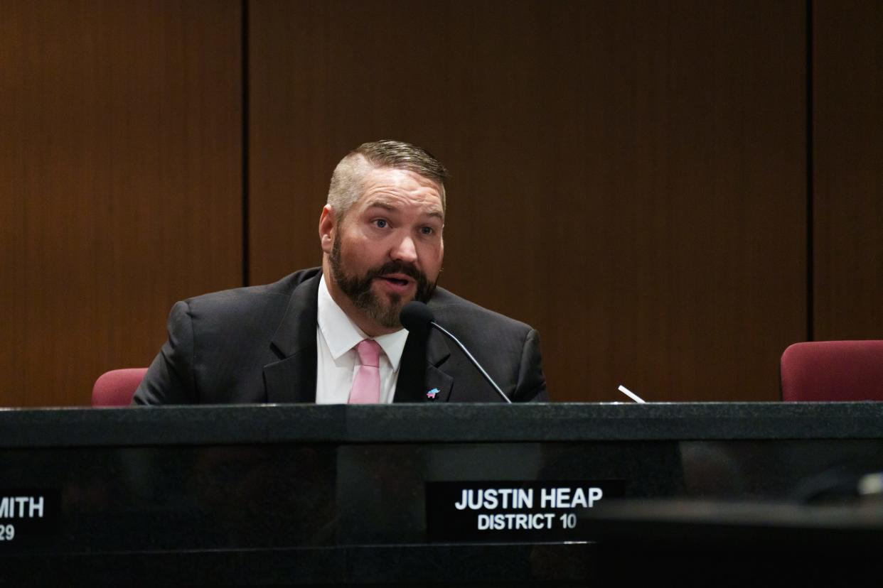 Rep. Justin Heap attends a joint House and Senate Election Committee hearing at the state Capitol on Feb. 23, 2023, in Phoenix.