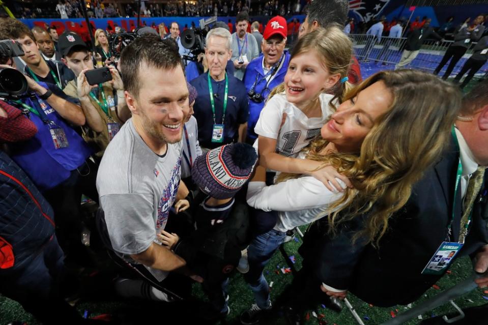 Tom Brady with Gisele Bundchen and their kids after winning the 2019 Super Bowl. Getty Images