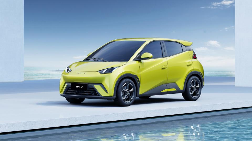 The yellow BYD Seagull electric hatchback.