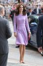 <p>In a dress by Emilia Wickstead, lavender amethyst earrings by Kiki McDonough and pumps by Gianvito Rossi visiting the Maritime Museum in Hamburg, Germany. </p>