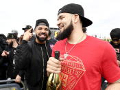 Toronto Raptors guard Fred VanVleet, right, celebrates with performing artist Drake during the 2019 Toronto Raptors NBA basketball championship parade in Toronto, Monday, June 17, 2019. (Frank Gunn/The Canadian Press via AP)