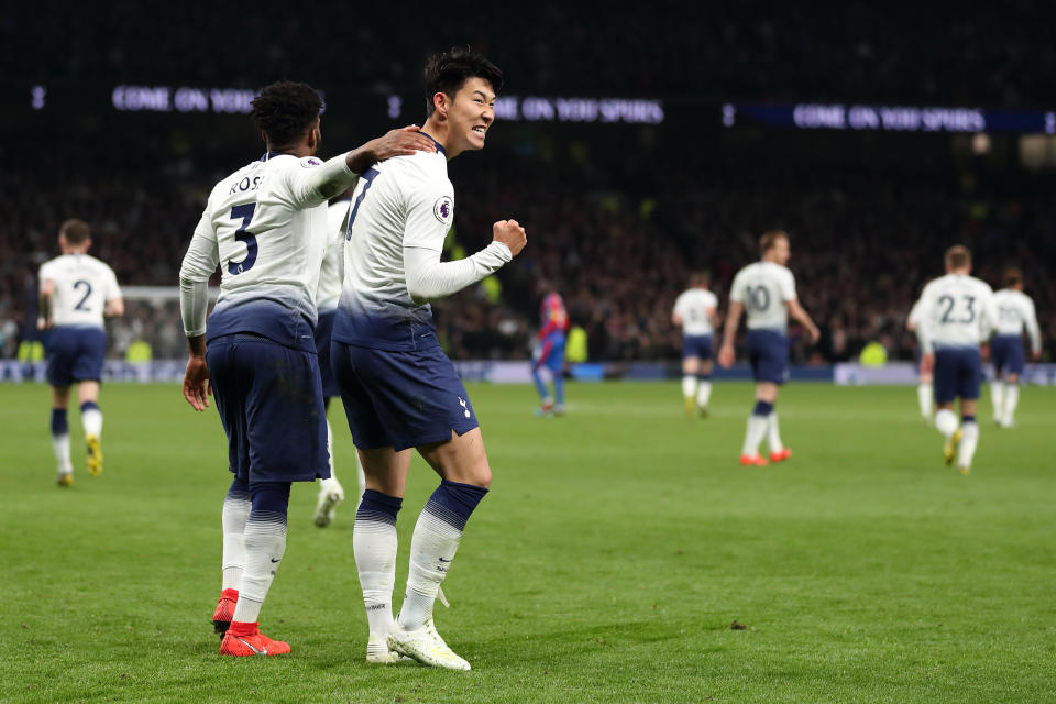 LONDON, ENGLAND - APRIL 03: Son Heung-min of Tottenham celebrates after scoring a goal to make it 1-0 the first competative goal scored at Tottenham Hotspur Stadium the home stadium of Tottenham Hotspur during the Premier League match between Tottenham Hotspur and Crystal Palace at Tottenham Hotspur Stadium on April 3, 2019 in London, United Kingdom. (Photo by James Williamson - AMA/Getty Images)