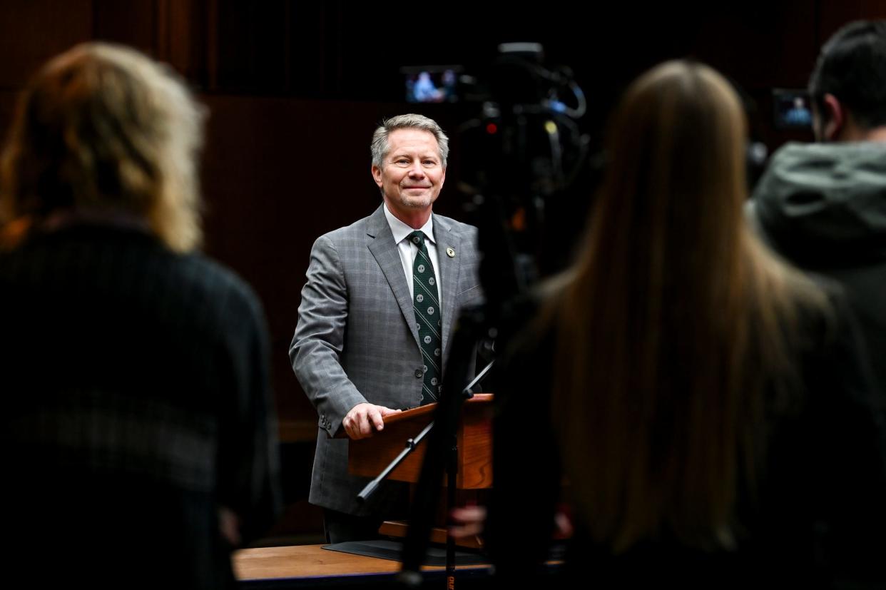 Michigan State University President-Elect Kevin Guskiewicz talks to the media on Monday, Dec. 11, 2023, at the Hannah Administration Building in East Lansing.