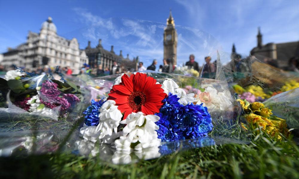 Floral tributes left near parliament in honour of the victims of the London attack.