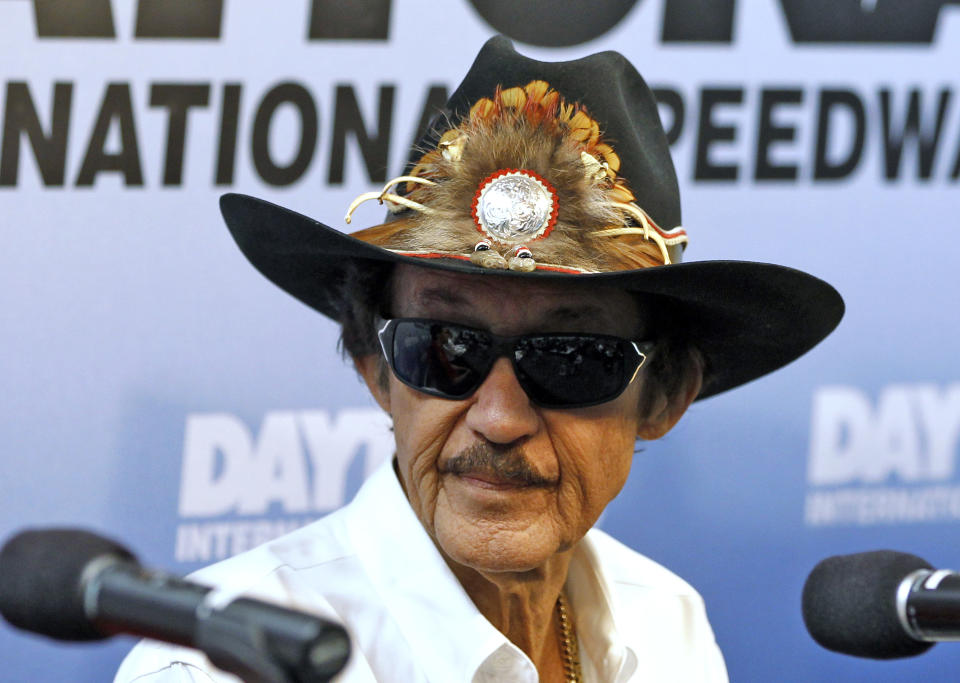 FILE - In this Feb. 21, 2013 file photo, NASCAR Hall of Fame driver Richard Petty speaks during a news conference at Daytona International Speedway in Daytona Beach, Fla. Petty says Danica Patrick can only win a Sprint Cup Series race "if everybody else stayed home." The seven-time champion made the comment during a Sunday, Feb. 9, 2014, appearance at the Canadian Motorsports Expo in Toronto, according to the website wheels.ca. (AP Photo/Terry Renna, File)