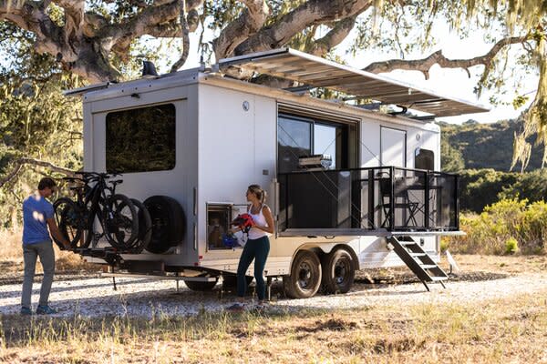 The RD24 with the deck, access ladder, and solar roof extended. Bikes can be stored on the rear.