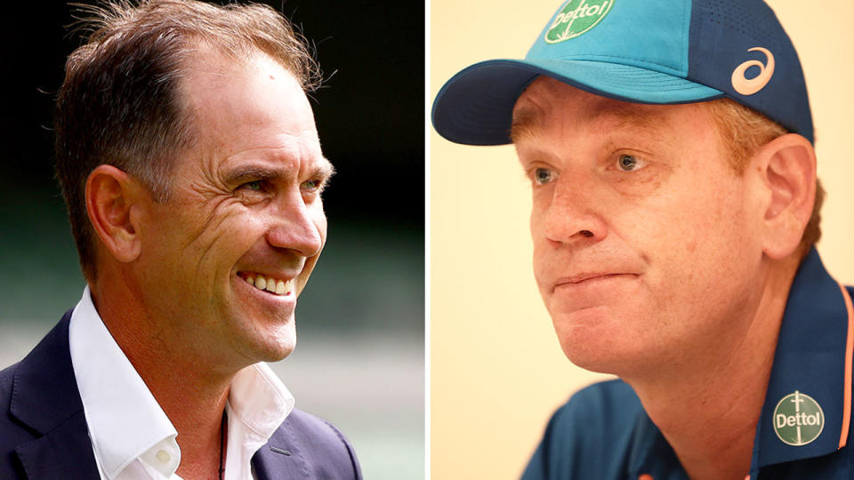 Australia coach Andrew McDonald (R) has been unfavourably compared to his predecessor Justin Langer after the second Test embarrassment in Delhi. Pic: Getty 