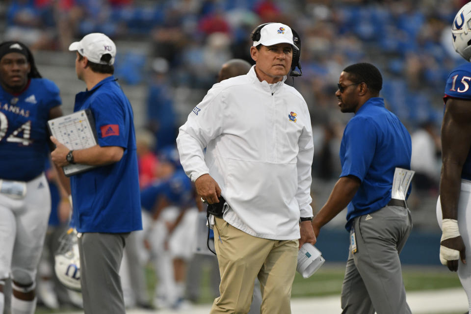 Head coach Les Miles of the Kansas Jayhawks