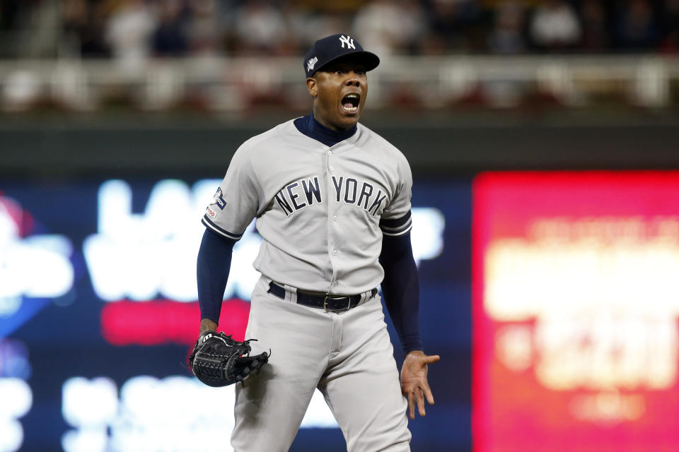 New York Yankees relief pitcher Aroldis Chapman celebrates after his team's 5-1 victory over the Minnesota Twins in Game 3 of a baseball American League Division Series, Monday, Oct. 7, 2019, in Minneapolis. (AP Photo/Jim Mone)