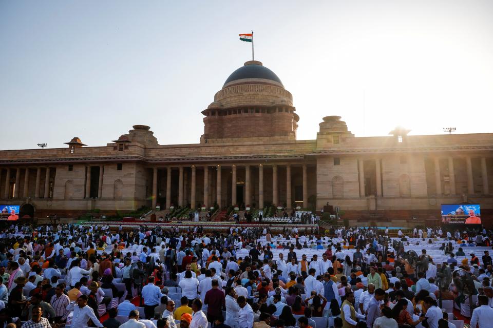 A crowd gathers for Modi's swearing-in ceremony