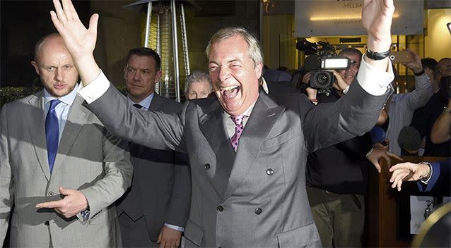 The leader of the UK Independence Party Nigel Farage celebrates the outcome. Photo: Reuters