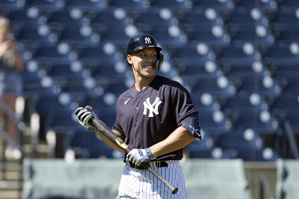 New York Yankees' Aaron Judge walks back to the dugout after hitting during a spring training baseball workout Monday, Feb. 20, 2023, in Tampa, Fla. (AP Photo/David J. Phillip)