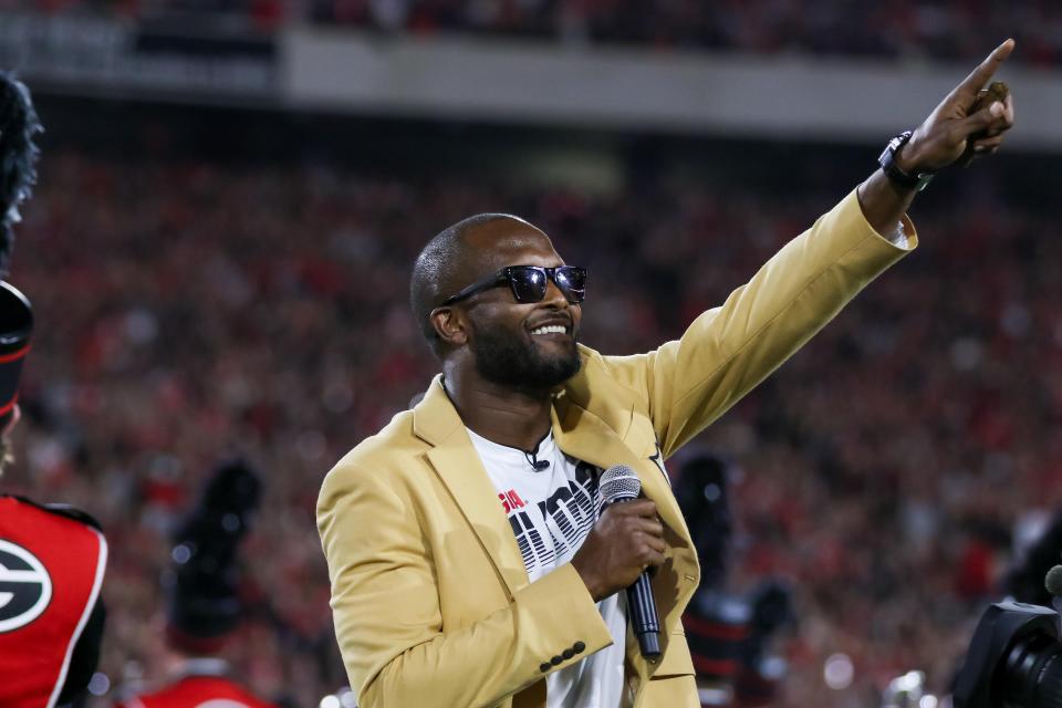 Champ Bailey Calls The Dawgs before the first half last season's game between Georgia and Notre Dame in Athens.