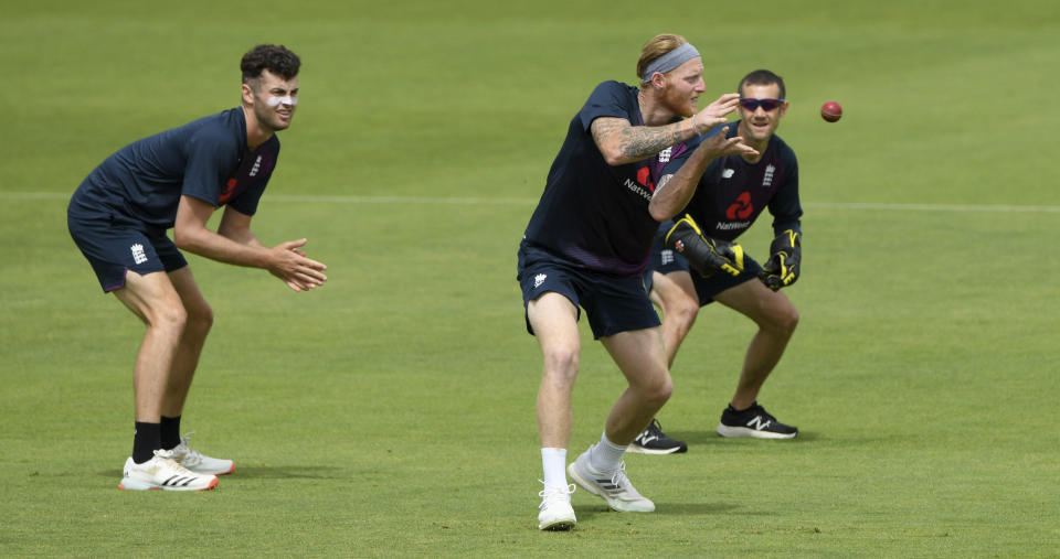 England captain Ben Stokes takes a catch in the slips during a nets session at the Ageas Bowl in Southampton, England, Tuesday July 7, 2020. England are scheduled to play West Indies in their first Test match on July 8-12. (Stu Forster/Agency Pool)