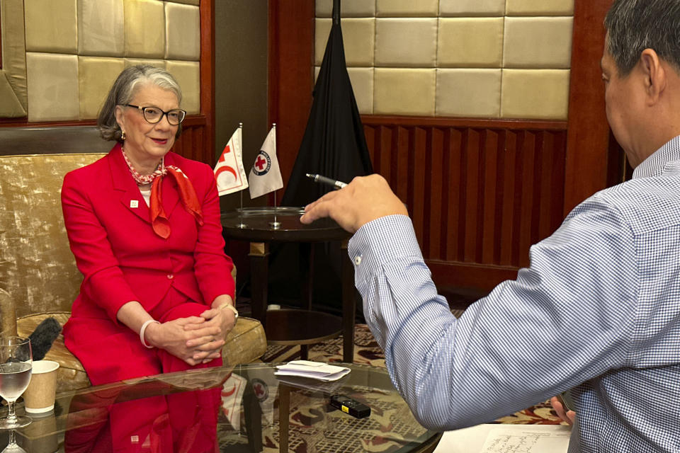 Kate Forbes, President of the International Federation of Red Cross and Red Crescent Societies, speaks with the Associated Press in Manila, Philippines, Wednesday, May 29, 2024. Authorities were searching on Wednesday for safer ground to relocate thousands of survivors at risk from a potential second landslide in the Papua New Guinea Highlands, while the arrival of heavy earth-moving equipment at the disaster site where hundreds are buried has been delayed until Thursday, officials said. (AP Photo/Joeal Calupitan)