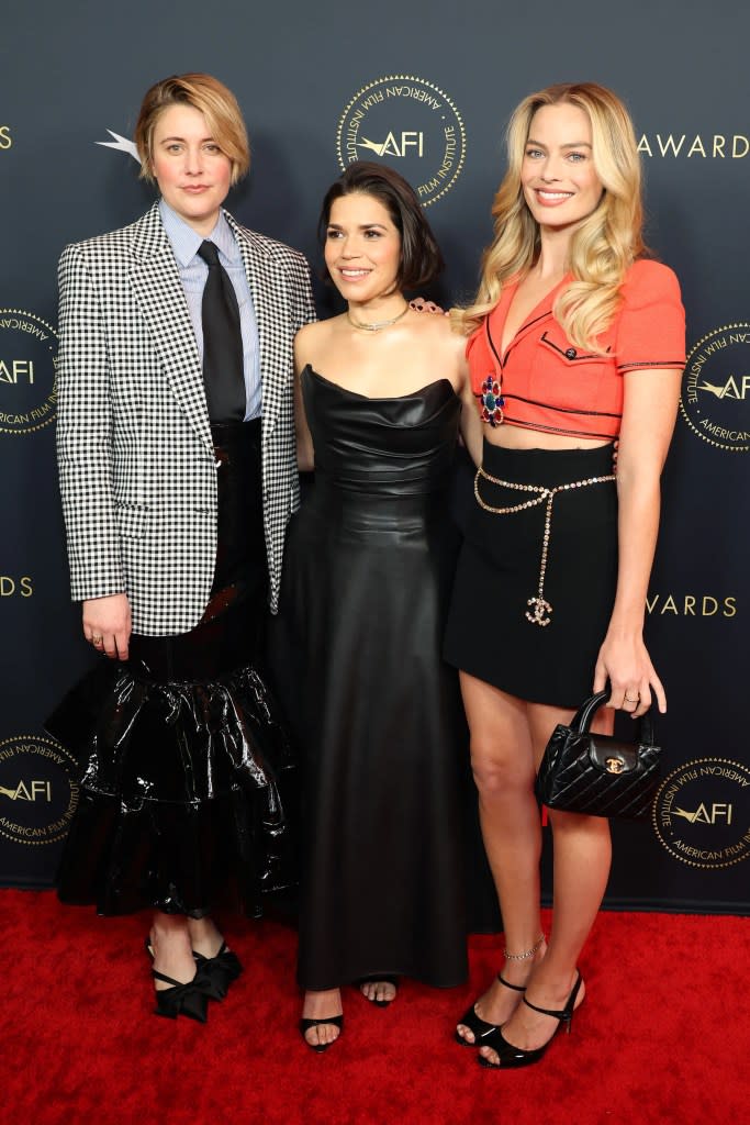 (L-R) Greta Gerwig, America Ferrera and Margot Robbie attend the AFI Awards Luncheon at Four Seasons Hotel Los Angeles at Beverly Hills on January 12, 2024 in Los Angeles, California.