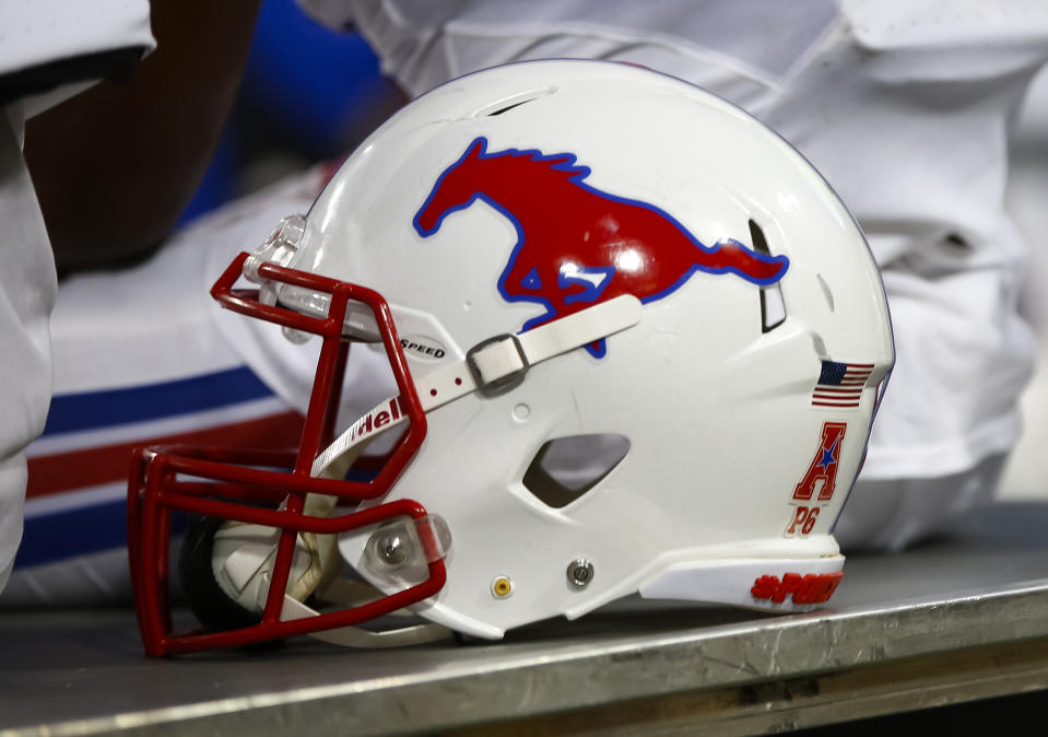 CINCINNATI, OH - OCTOBER 21: A Southern Methodist Mustangs helmet is seen on the sidelines during the game against the Cincinnati Bearcats at Nippert Stadium on October 21, 2017 in Cincinnati, Ohio. (Photo by Michael Hickey/Getty Images)