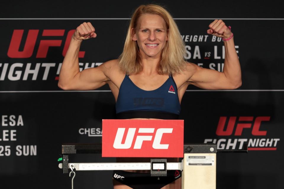 Jun 24, 2017; Oklahoma City, OK, USA; Justine Kish weighs in for UFC fight night at Renaissance Waterford Oklahoma City Hotel. Mandatory Credit: Sean Pokorny-USA TODAY Sports