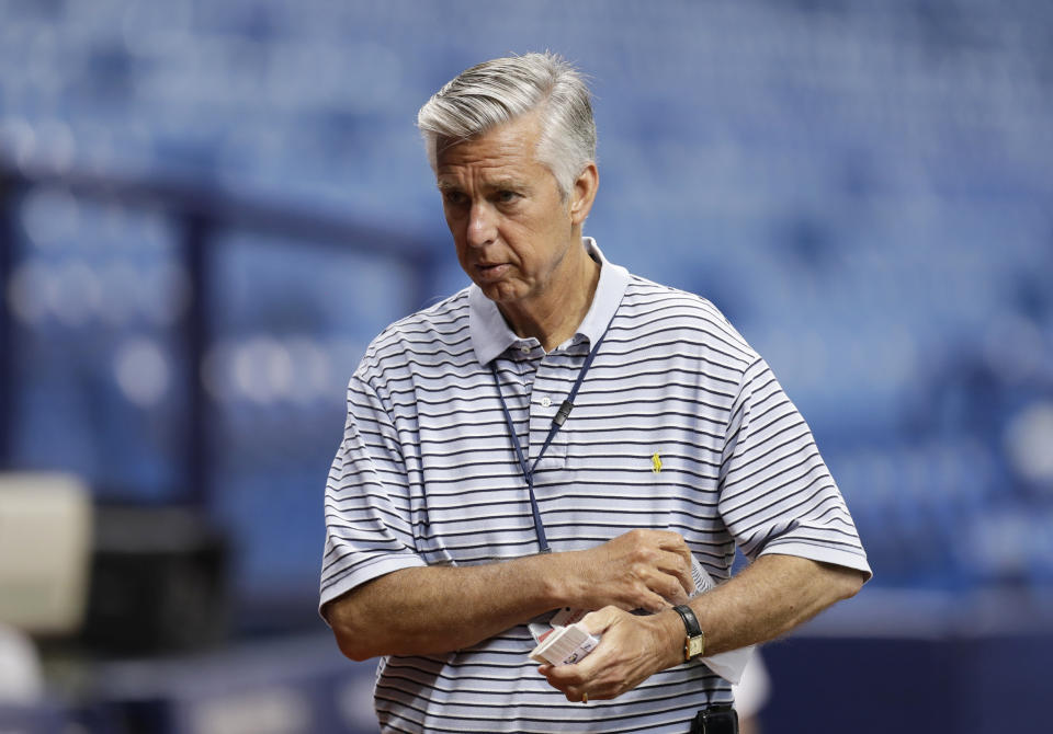 FILE - This March 30, 2018, file photo shows Dave Dombrowski, President of Baseball Operations for the Boston Red Sox, before a baseball game between the Tampa Bay Rays and the Red Sox in St. Petersburg, Fla. The Red Sox have parted ways with Dombrowski. Red Sox spokesman Kevin Gregg made the announcement Sunday night, Sept. 8, 2019, shortly after the New York Yankees beat Boston 10-5. (AP Photo/Chris O'Meara, File)