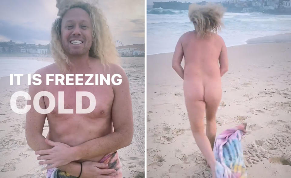 L: Big Brother housemate stands on the beach in just a towel with text reading 'It is freezing cold'. R: Tim runs away from the camera exposing his nude form from behind.