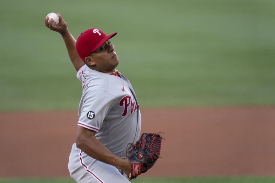 Philadelphia Phillies relief pitcher Ranger Suarez throws during the first inning of a baseball game against the Washington Nationals in Washington, Monday, Aug. 2, 2021. (AP Photo/Manuel Balce Ceneta)