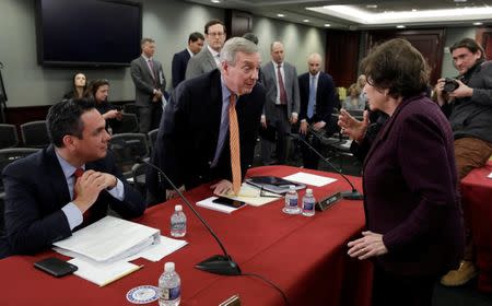 U.S. Rep Pete Aguilar (D-CA) and U.S. Senator Dick Durbin (D-IL) talk with House Appropriations Committee Chairwoman Nita Lowey (D-NY), serving as the Chairwoman of a bipartisan group of U.S. lawmakers from both the U.S. Senate and House of Representatives as they start a first public negotiating session to discuss the U.S. federal government shutdown and border security on Capitol Hill in Washington, U.S. January 30, 2019. REUTERS/Yuri Gripas