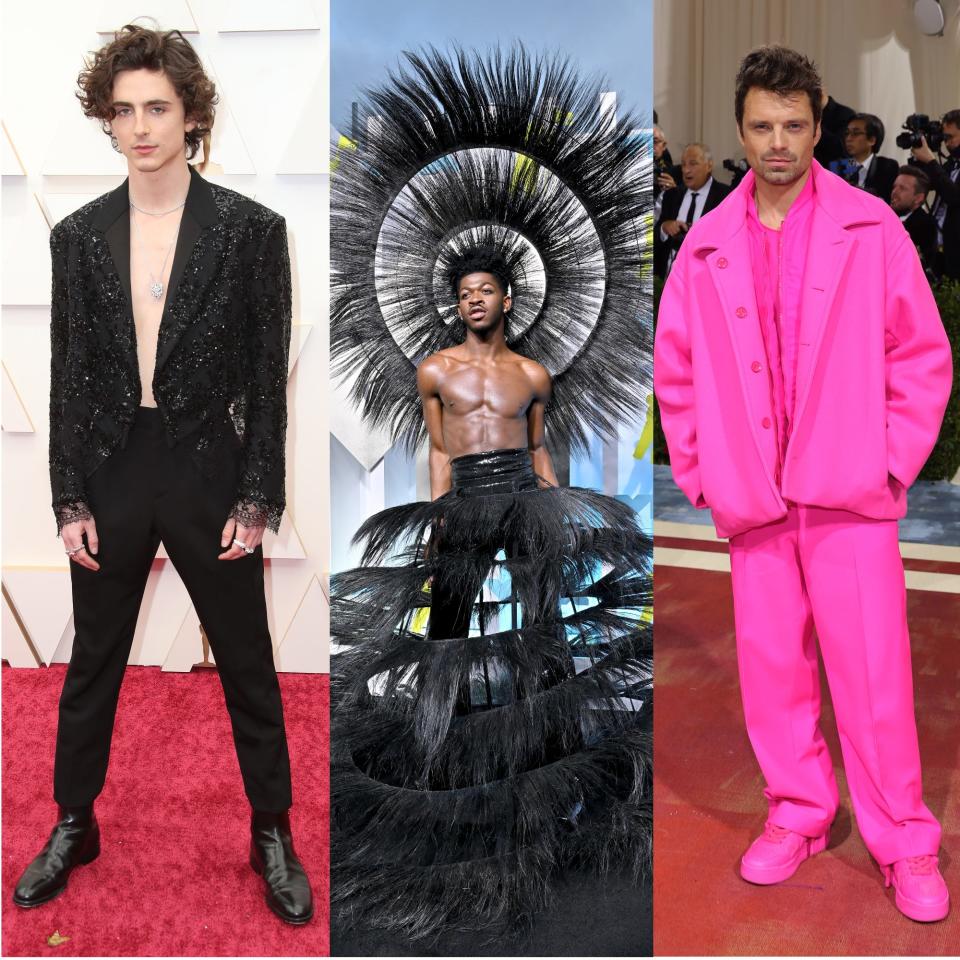 (From left) Male celebrities such as Timothée Chalamet, Lil Nas X and Sebastian Stan are stealing the fashion spotlight in 2022 with their bold, experimental looks.