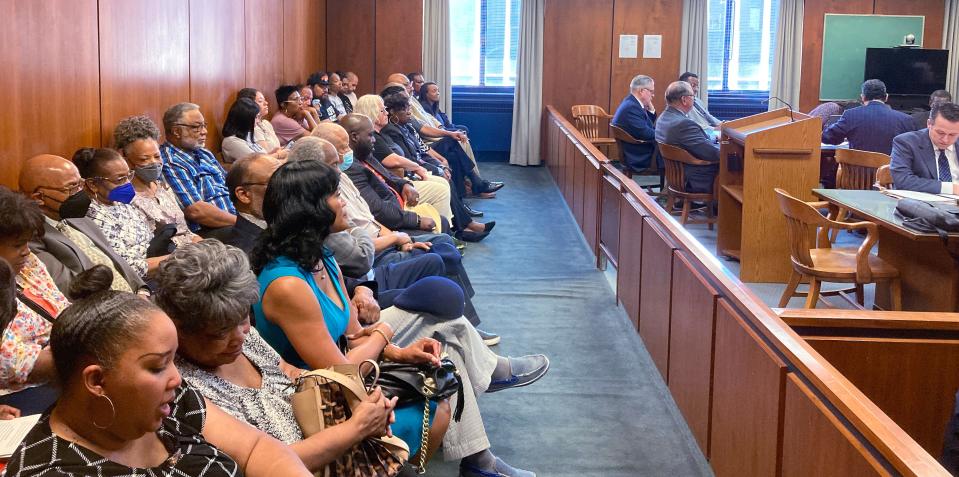 Supporters for the Rev. Derrick Scobey sit in Oklahoma County Special Judge Perry Hudson's courtroom during a hearing in June at the Oklahoma County Courthouse.