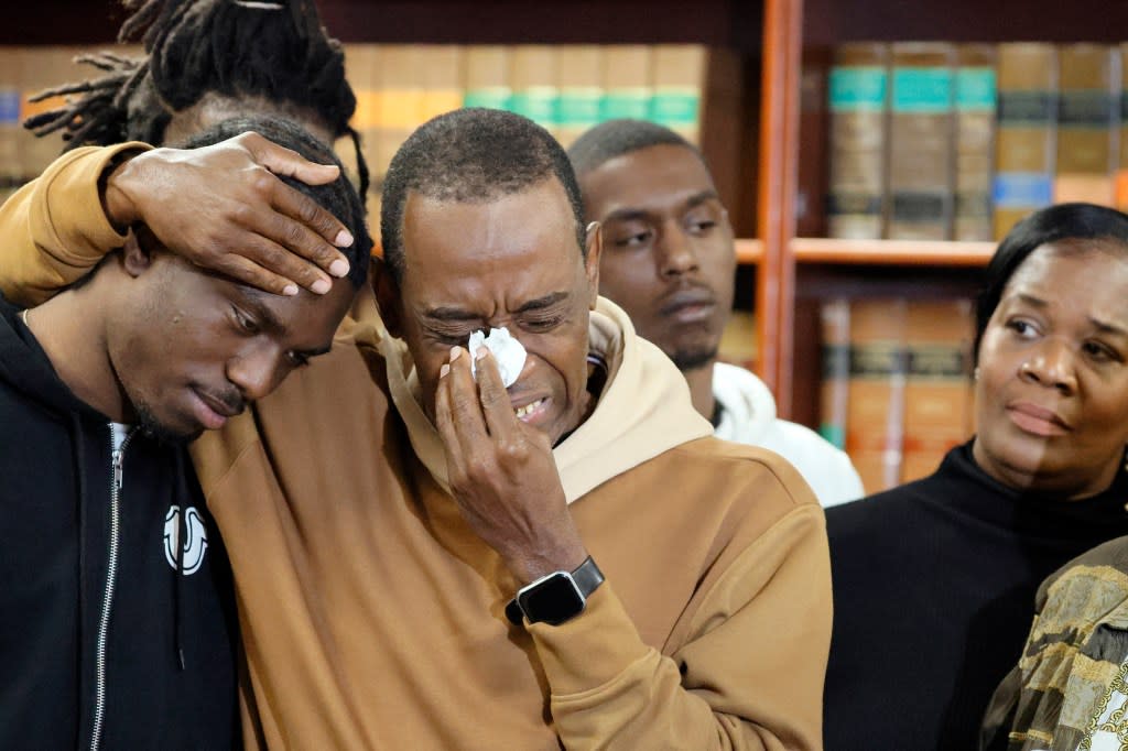 Jeff Geffrard breaks down while speaking about his son during a news conference at the Broward Public Defender’s Office in Fort Lauderdale, Fla., Thursday, Feb. 1, 2024. (Amy Beth Bennett/South Florida Sun-Sentinel via AP)