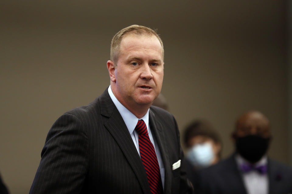 FILE - In this Aug. 6, 2020, file photo, Missouri Attorney General Eric Schmitt speaks during a news conference in St. Louis. Schmitt is running for the U.S. Senate in 2022. (AP Photo/Jeff Roberson, File)