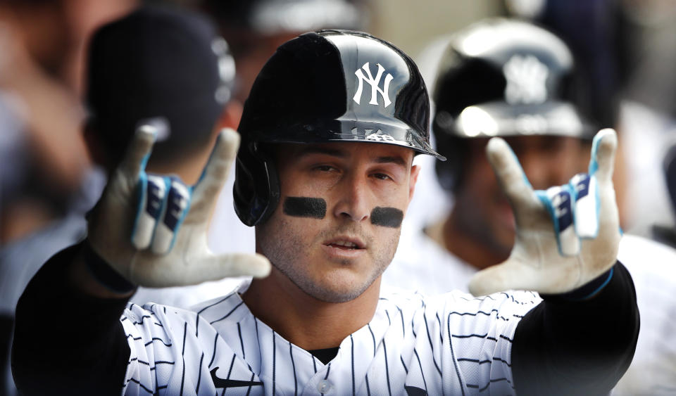 New York Yankees first baseman Anthony Rizzo celebrates after hitting a home run against the Kansas City Royals during the seventh inning of a baseball game, Sunday, July 31, 2022, in New York. (AP Photo/Noah K. Murray)