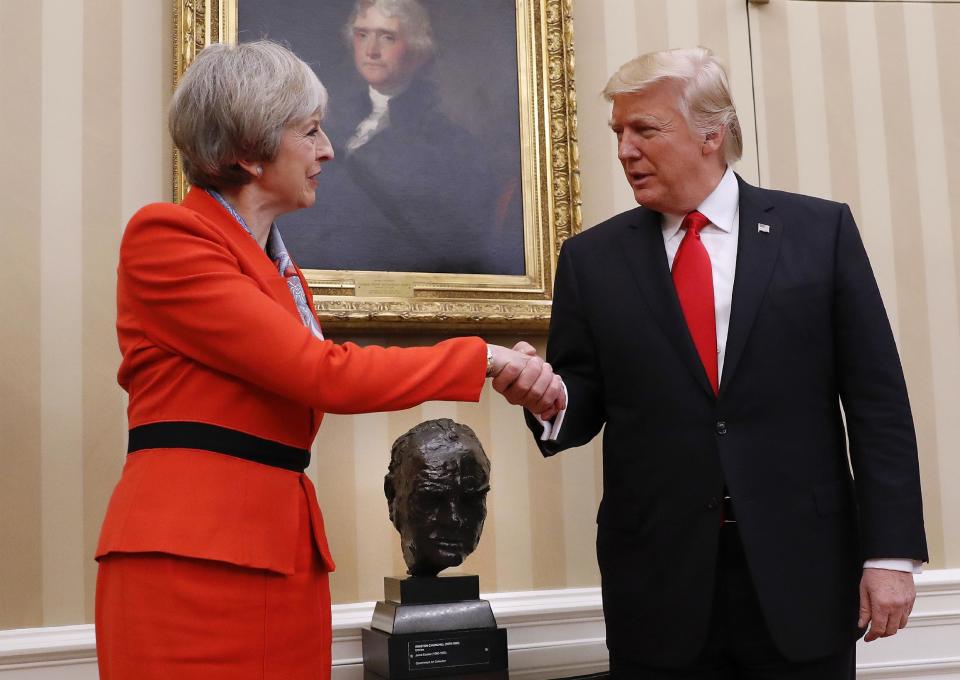 President Donald Trump shakes hands with British Prime Minister Theresa May in the Oval Office of the White House in Washington, Friday, Jan. 27, 2017. (AP Photo/Pablo Martinez Monsivais)