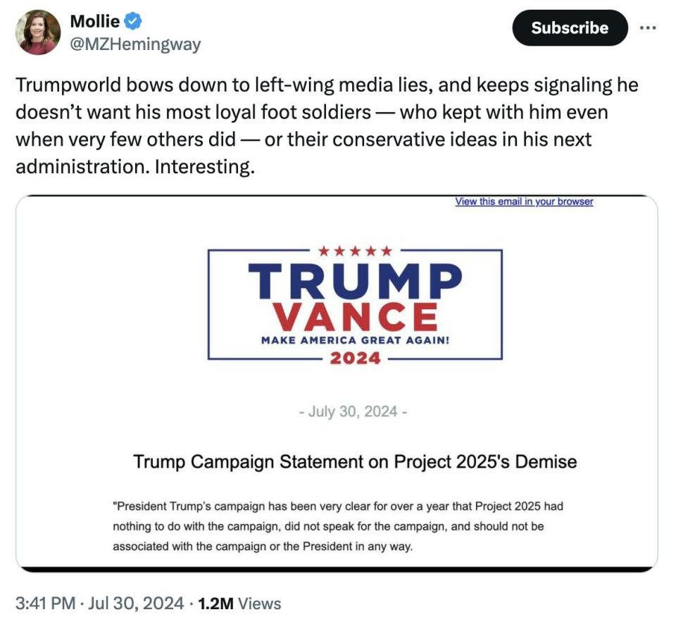 Twitter Screenshot Mollie @MZHemingway:
Trumpworld bows down to left-wing media lies, and keeps signaling he doesn’t want his most loyal foot soldiers — who kept with him even when very few others did — or their conservative ideas in his next administration. Interesting.