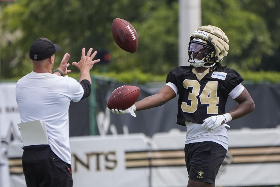 New Orleans Saints cornerback Kool-Aid McKinstry (34) runs through drills during the team's NFL football minicamp in Metairie, La., Wednesday, June 12, 2024. (AP Photo/Gerald Herbert)