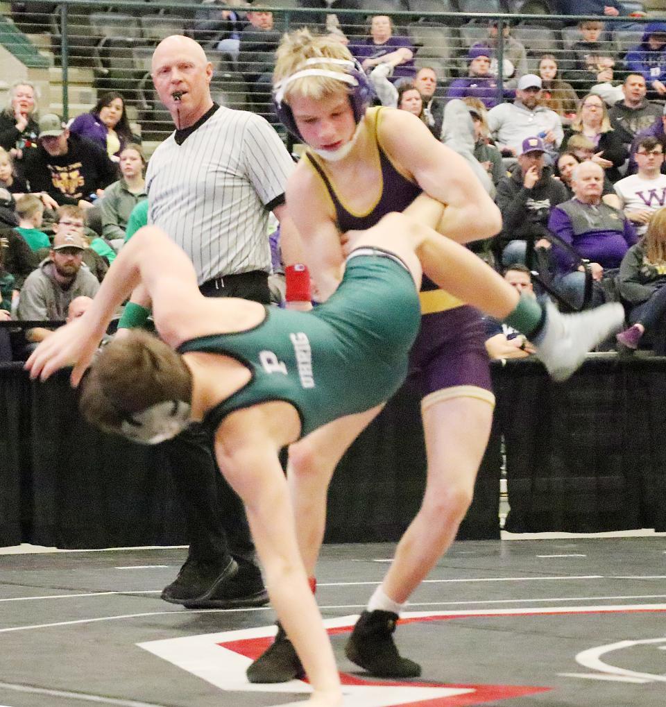 Watertown's Chase Mathews takes down Pierre's Gable Uhrig at 106 pounds during their semifinal dual in the South Dakota State Dual Team Wrestling Chamionships on Saturday, Feb. 10, 2024 at Brookings.