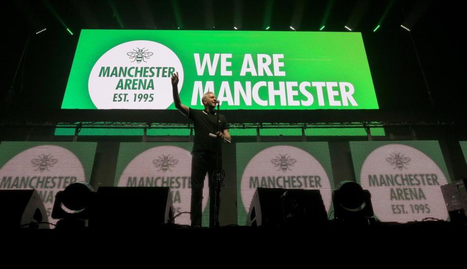 Thousands of music fans cheered the names of those killed in the Manchester Arena terror attack as the venue re-opened for the first time with a charity concert.