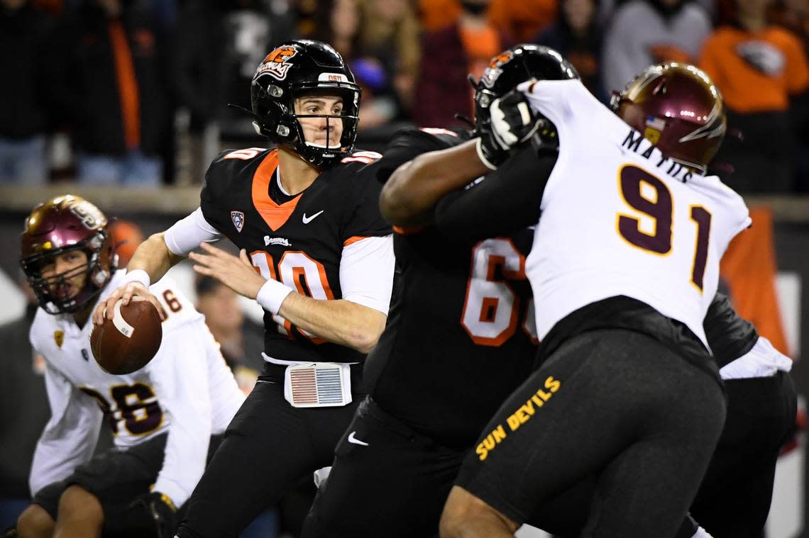 Oregon State quarterback Chance Nolan looks for an open receiver in a game against Arizona State last season. Nolan won the starting job this year after beating out sixth-year senior Tristan Gebbia and redshirt freshman Ben Gulbranson.