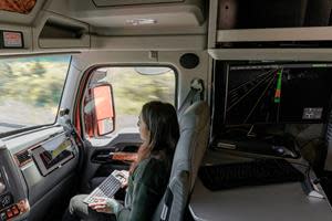 Kodiak Robotics autonomous long-haul trucks can travel up to 20 hours/day unaided on highways. Today a driver sits in the cab as a passenger during the beta phase of the system trials