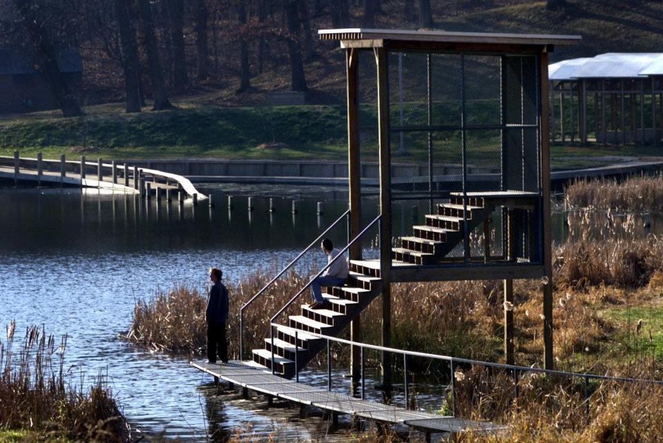 Sloping walkways and observation decks are part of an environmental-art installation at Greenwood Park on Des Moines' west side.