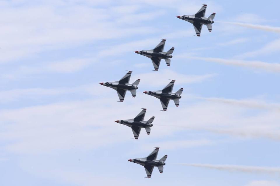 The U.S. Air Force Thunderbirds fly in formation over the Mississippi Sound and an onlooking crowd during a practice session in this Sun Herald file photo.