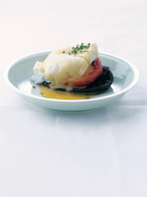 Poached Eggs with Roasted Tomatoes and Portabellas